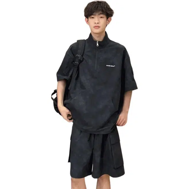 单爵 扎染半拉链短袖薄款宽松舒适百搭休闲运动套装 男女同款