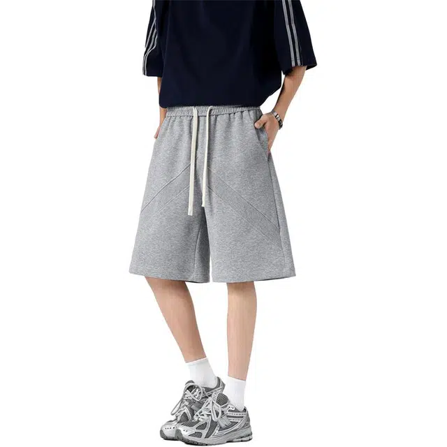 顶峰保罗 薄款透气拼接质感舒适直筒五分裤美式潮牌跑步运动宽松百搭显瘦显高阔腿休闲短裤 男女同款