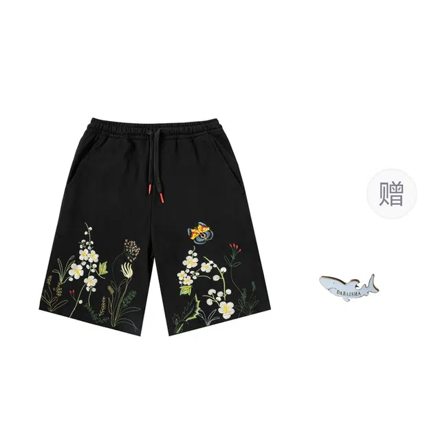 大白鲨 薄款花朵宽松潮流百搭五分裤垂感休闲短裤 男款 黑色