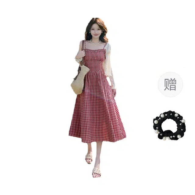 雾闪闪 法式复古格子吊带大码连衣裙夏季收腰显瘦裙装套装 女款