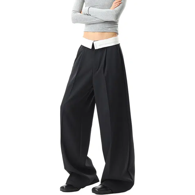 颂希尔 美式复古撞色翻边西裤时尚潮牌宽松直筒休闲裤 男女同款