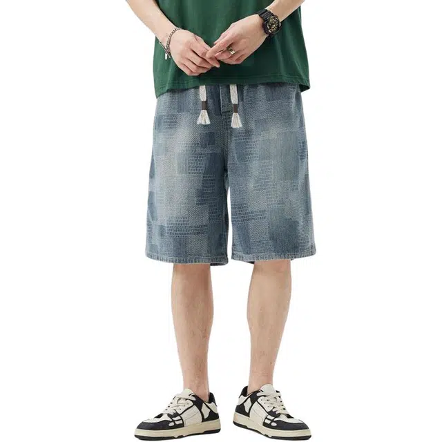 童先森 五分裤宽松休闲潮流中裤子牛仔短裤 男款