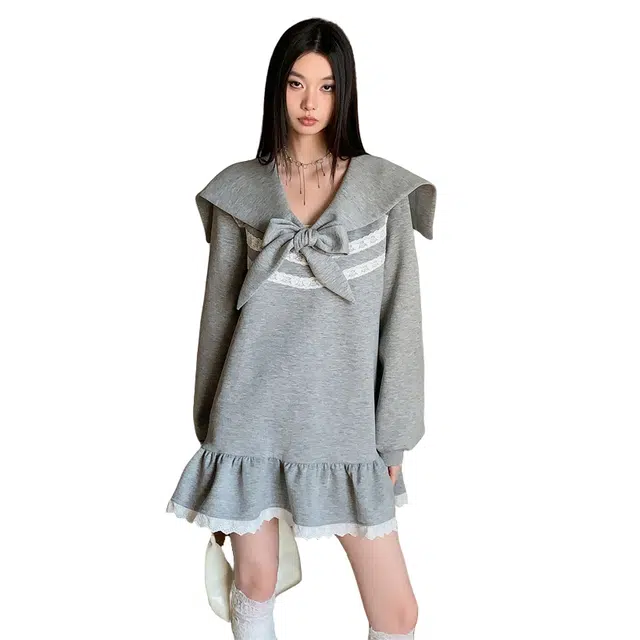 涂诗菲 简约宽松海军领长袖连衣裙 女款 花灰色