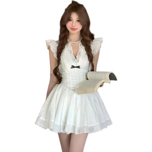 黛尔佳人 原创少女纯欲重工超大四层裙摆小飞袖短袖连衣裙 女款