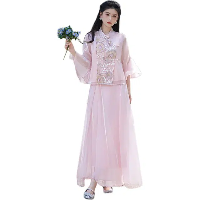 丝絮丝绸 新中式国风钉珠闪片设计感七分袖上衣休闲长裙裙装套装 女款