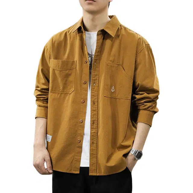 前进牛 美式高端复古潮牌纯棉工装水洗宽松潮牌春季休闲翻领长袖衬衫 男女同款