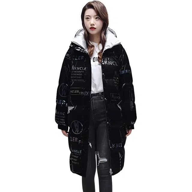 鸭鸭 中长款连帽时尚撞色亮面羽绒服 女款