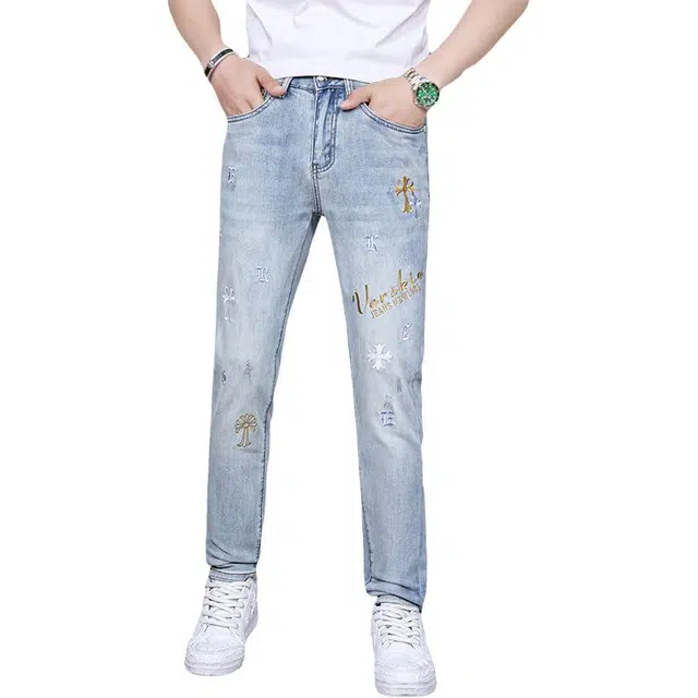 吉肯蒂 潮流刺绣水洗修身弹力小脚牛仔裤 男款