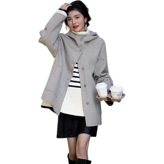 【dme】 纯色连帽厚款单排扣长袖大衣 女款