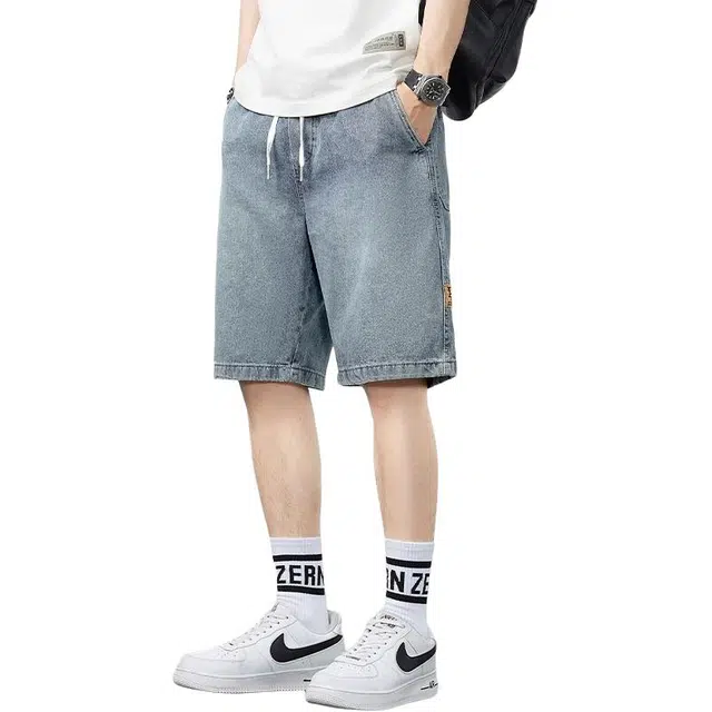 童先森 做旧直筒宽松休闲中裤潮牌五分裤子牛仔短裤 男款