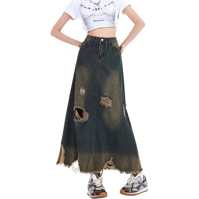 水中花 破洞做旧毛边流苏韩版半身裙遮胯显瘦时尚百搭牛仔长裙 女款