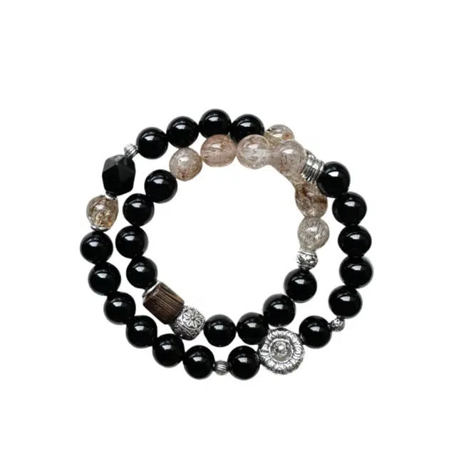 宣华意 新中式高级感小众设计能量双圈#好运 黑曜石 手串 男女同款情侣款