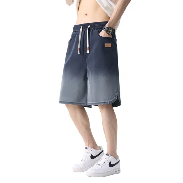 协协乐 夏季宽松直筒渐变休闲五分中裤牛仔短裤 男款