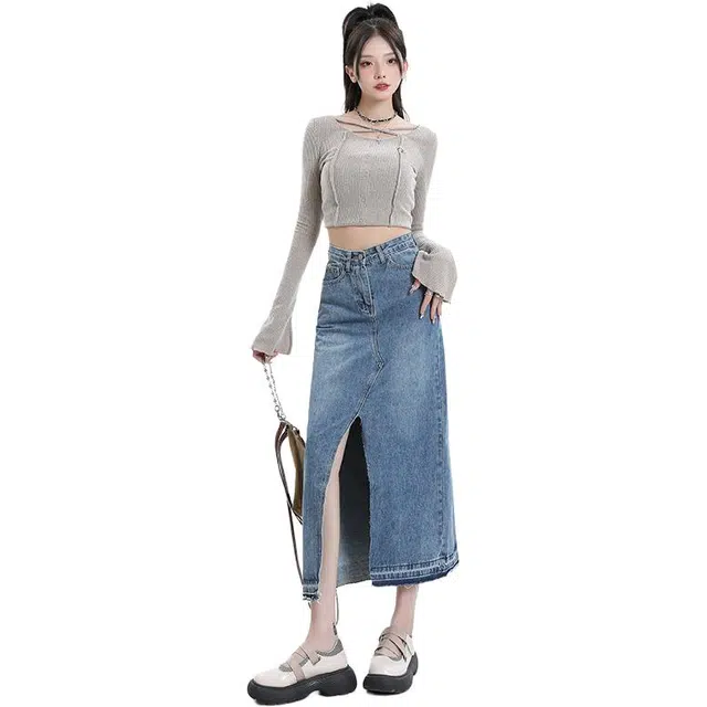 法文箱子 时尚半身中长款牛仔长裙 女款 复古蓝