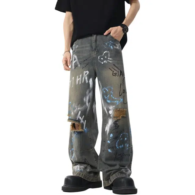 宝米卡 美式街头重工水洗做旧手绘涂鸦破坏潮流宽松裤印花直筒长裤牛仔裤 男女同款