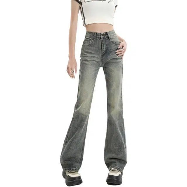 玫丝朵 美式复古做旧百搭宽松微喇垂感牛仔裤 女款