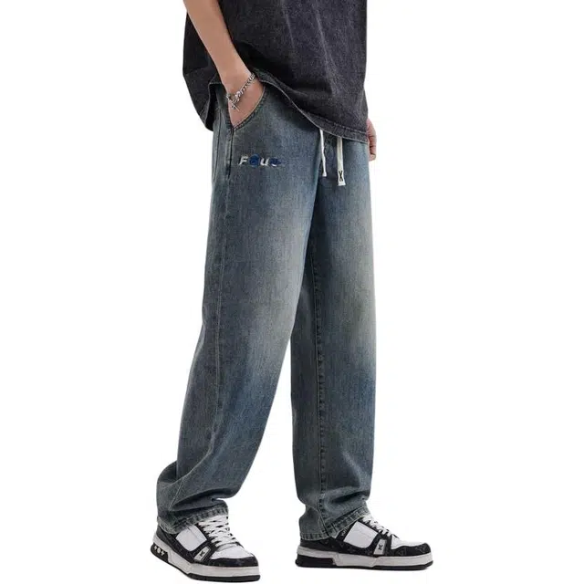 宝米卡 刺绣直筒阔腿宽松休闲拖地裤垂坠感长裤牛仔裤 男女同款