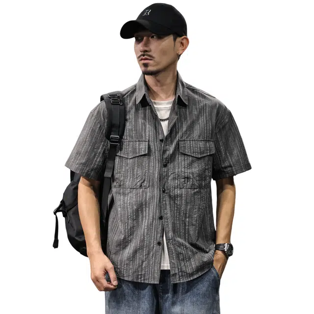路杰邦 薄款工装衬衣凉感舒适百搭时尚潮流美式潮牌高端泡泡纱帅气短袖衬衫 男款