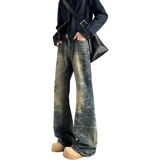 沃马 美式高街拼接弯刀水洗做旧废土风闪电微喇通勤垂感微喇牛仔裤 男女同款