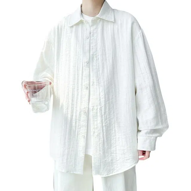 加荣 肌理感褶皱长袖防晒衬衫男夏季薄款透气小众设计感休闲气质松弛感青少年户外出行百搭穿搭美式复古高街痞帅上衣 男女同款