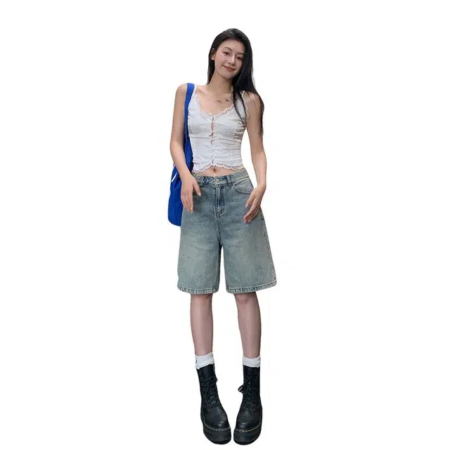 淑好百 复古高腰宽松小个子直筒五分牛仔短裤 女款