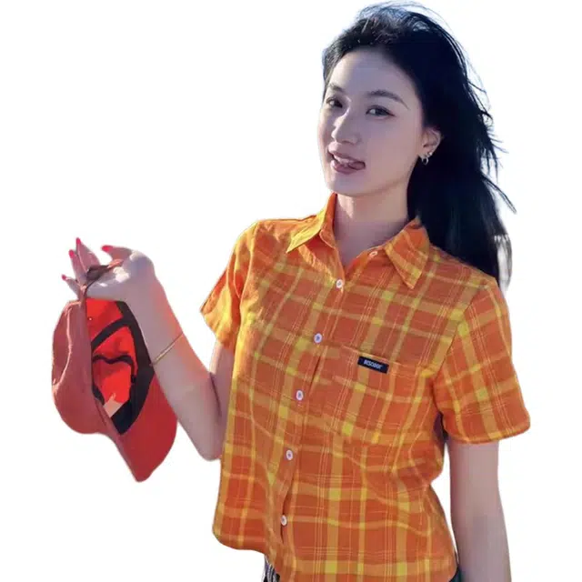 徐百货 美式格纹衬衣美式学院风衬衣百搭修身短袖衬衫 男女同款