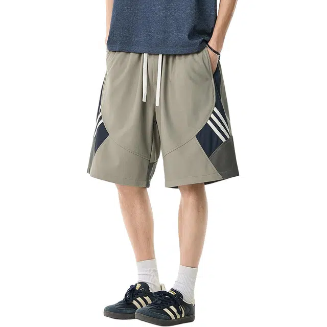 米素力 透气夏季薄款条纹休闲裤中腰五分裤篮球裤 男款