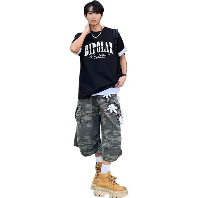 徐百货 美式复古高街多口袋宽松直筒阔腿百搭七分休闲短裤 男女同款