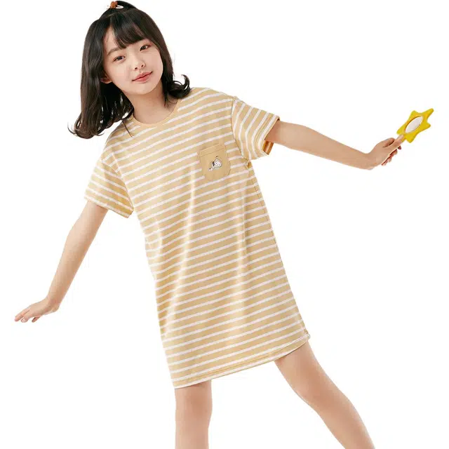 红豆 条纹圆领套头中长款短袖睡裙 儿童款