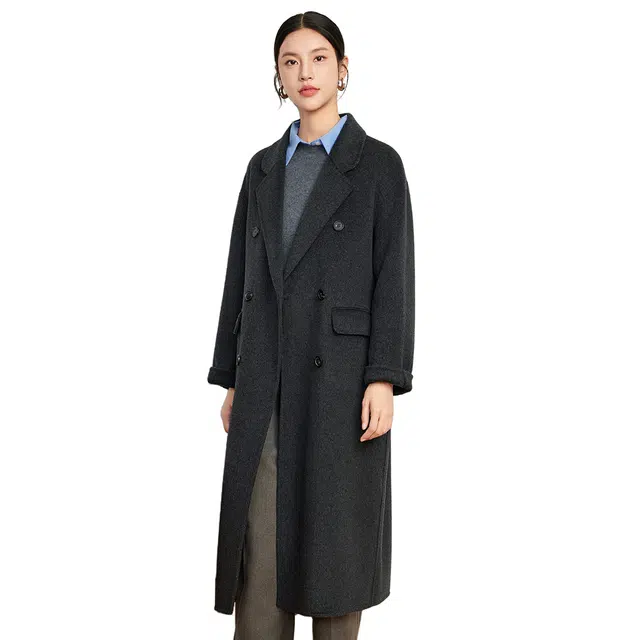 富铤 韩版简约高级感双排扣绵羊毛外套翻领中长款纯色双面呢外套大衣 女款
