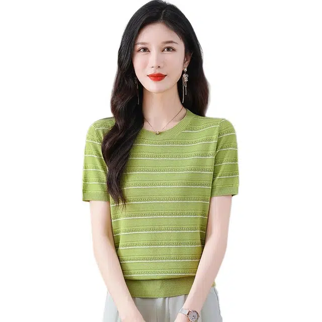 恒源祥 条纹气质百搭减龄宽松显瘦百搭甜美短袖针织衫 女款