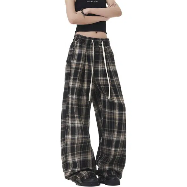 顶峰保罗 条纹格子拼接撞色透气舒适直筒长裤宽松冰丝凉感小众百搭设计感潮流阔腿休闲裤 男女同款