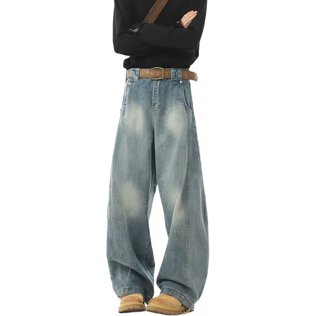 沃马 美式水洗拼接竹节弯刀宽松直筒休闲复古重工简约牛仔裤 男女同款