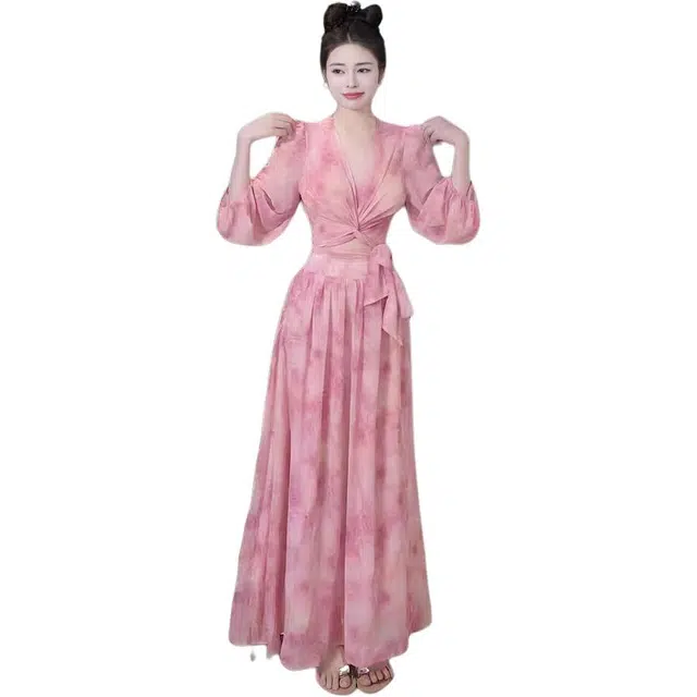 黛尔佳人 时尚简约舒适法式甜美碎花长袖连衣裙 女款