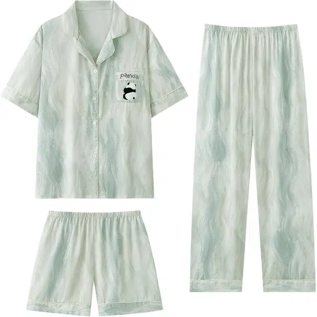 顶瓜瓜 夏季女透气舒适简约休闲高级感三件套家居服睡衣套装 女款
