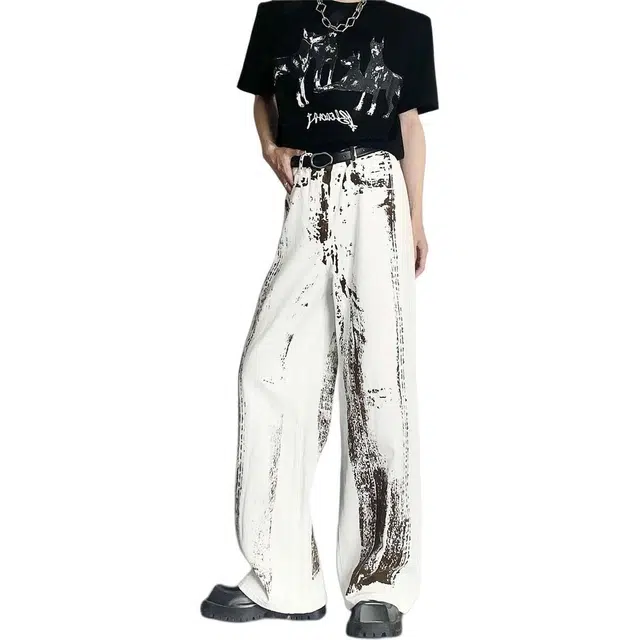 童先森 薄美式高街扎染水墨休闲潮流嘻哈百搭阔腿牛仔裤 男款