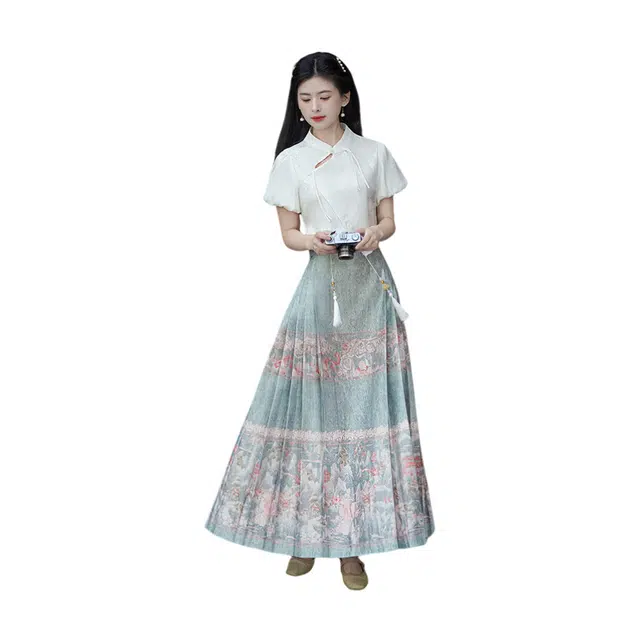 荟萃阁 新中式立领盘扣斜襟提花上衣一片式国风印花马面裙装套装 女款