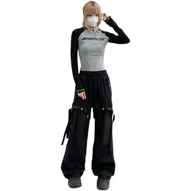 佐菲利 美式高街绑带拼接设计感直筒工装裤复古褶皱伞兵休闲裤 男女同款