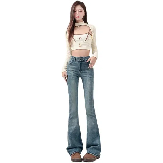 木清清 美式高腰修身显瘦百搭喇叭裤牛仔裤 女款