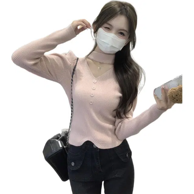 思蓓儿 韩版修身纯欲挂脖镂空长袖设计感针织衫 女款