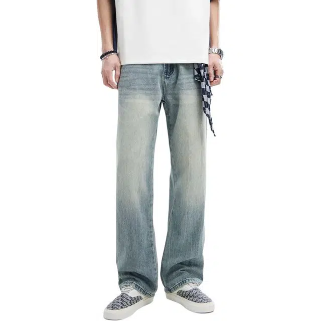 童先森 美式高街宽松直筒复古水洗做旧牛仔裤 男款