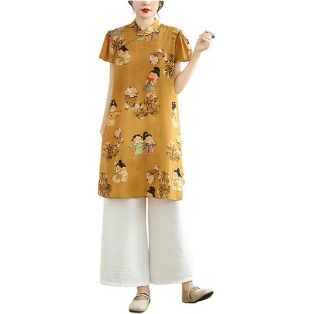 丝絮丝绸 妈妈装气质新中式国风上衣简约阔腿休闲套装 女款