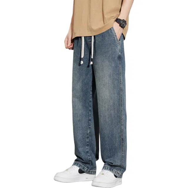 瑞梵帝斯 美式日常时尚高街百搭做旧复古休闲潮牌宽松柔软亲肤水洗直筒阔腿牛仔裤 男款