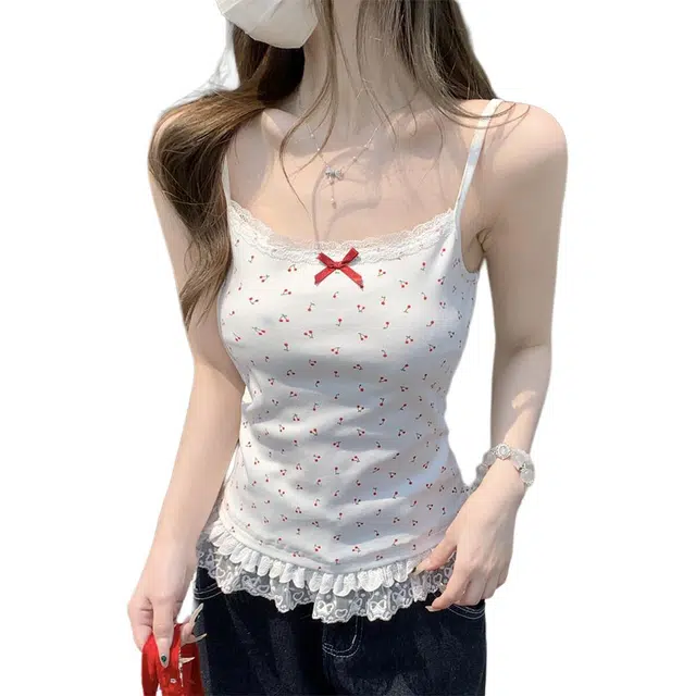 思蓓儿 韩版纯欲蕾丝边蝴蝶结樱桃印花吊带背心 女款