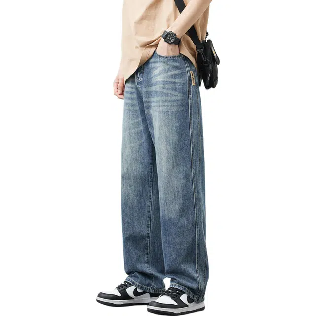 瑞梵帝斯 美式高街风复古做旧水洗宽松百搭日常通勤垂感直筒牛仔裤 男款