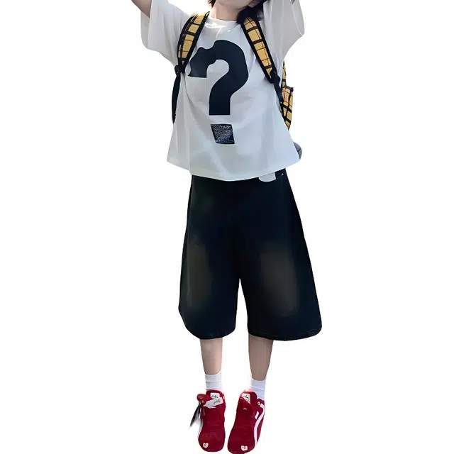 单爵 美式复古薄款宽松慵懒风阔腿中裤牛仔短裤 男女同款