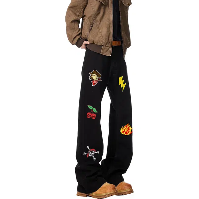 物质公式 美式高街复古潮牌微喇叭水洗做旧炸街神裤时尚百搭创意印花图案设计牛仔裤 男女同款