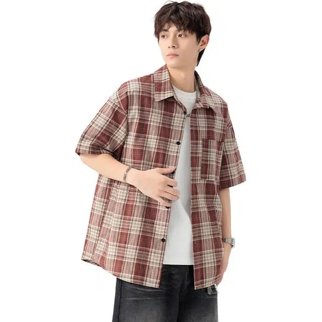 单爵 格子高级感痞帅美式复古衬衣防嗮外套夏季短袖衬衫 男女同款