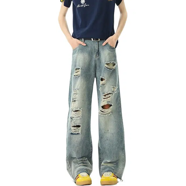 沃马 美式高街拼接弯刀水洗破洞做旧废土风暗黑宽松直筒牛仔裤 男女同款