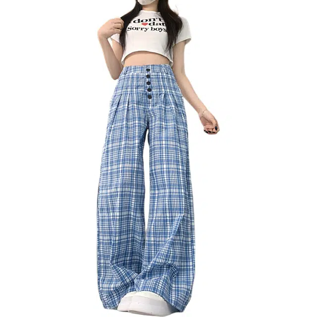 沐晓欣 美式复古格子设计感排扣宽松拖地休闲裤 女款